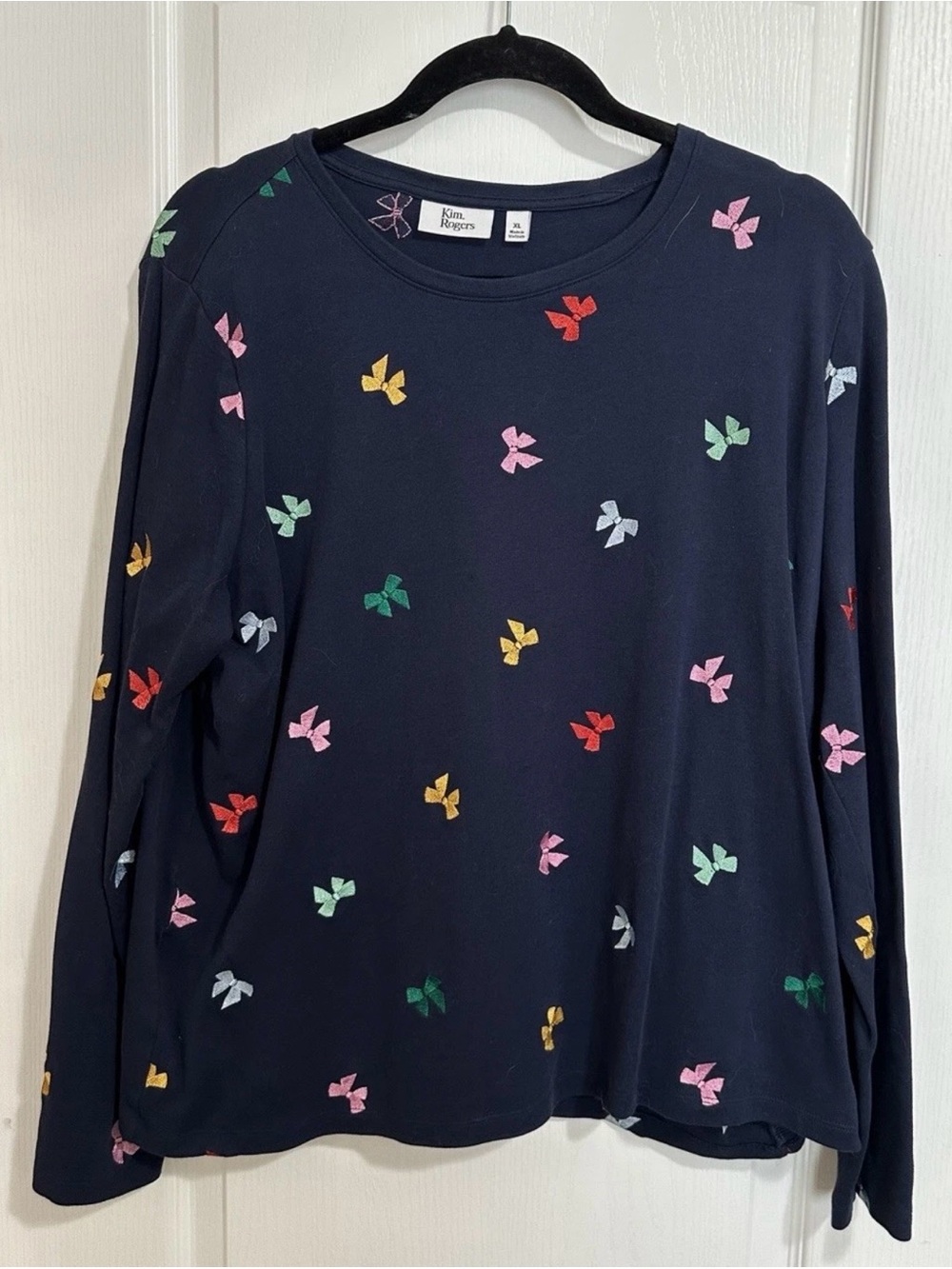 Kim Rogers Navy Long Sleeve Tee with Colorful Bow Motifs